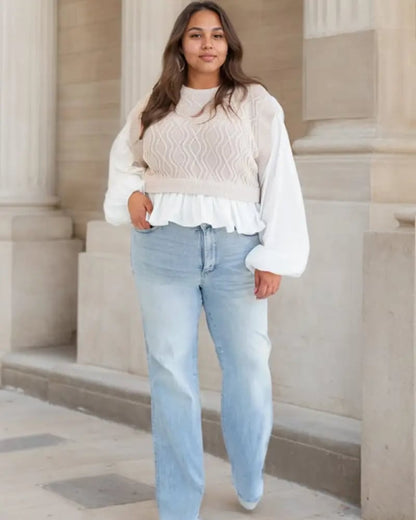 🔥💥 Vintage Wash Plus-Size Jeans — Stretchy, Tummy Control & Straight Leg Fit