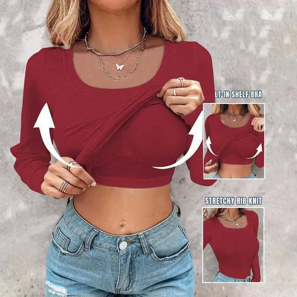 🔥Neck Built-in Bra Long Sleeve Ribbed Top Shirts Elegant Skinny Fit Fabric💥